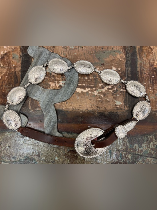 Tony Lama Accessories - Tony Lama Brown Leather Belt with Silver Engraved Conchos